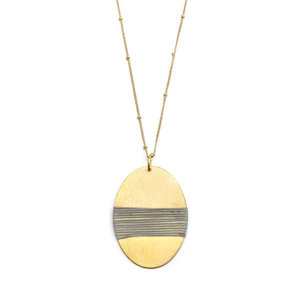 Kaia Gold Disc Drop Necklace - Gray Thread Wrapped