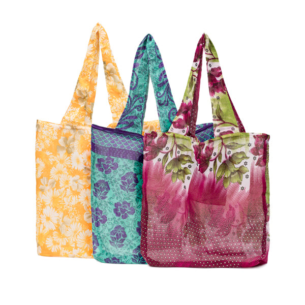 Reusable Shopping Bag - Folds Into Pocket  - Assorted Upcycled Sari