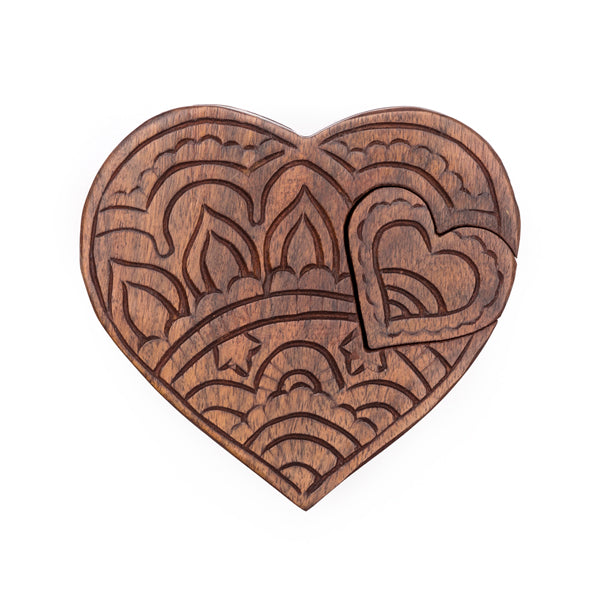 Heart Puzzle Box Jewelry Holder - Hand Carved Wood