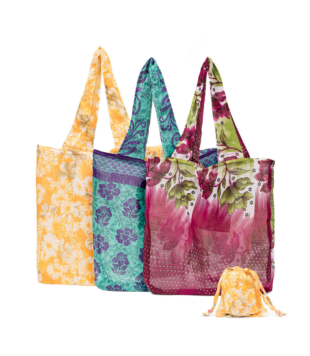 Reusable Shopping Bag - Folds Into Pocket  - Assorted Upcycled Sari
